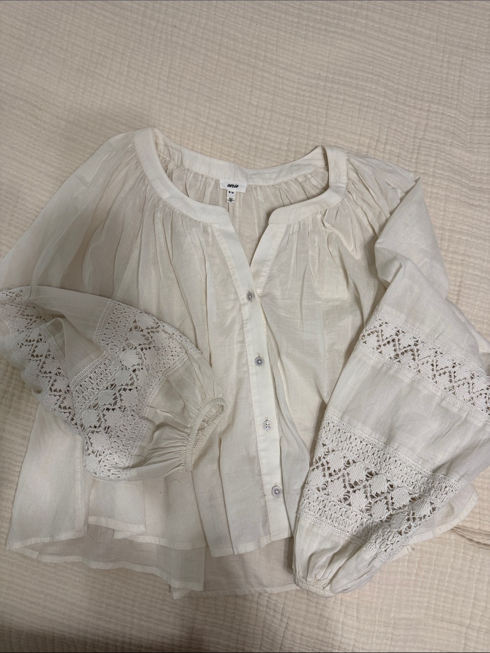 aerie Cream Crochet-Sleeve Button Front Blouse